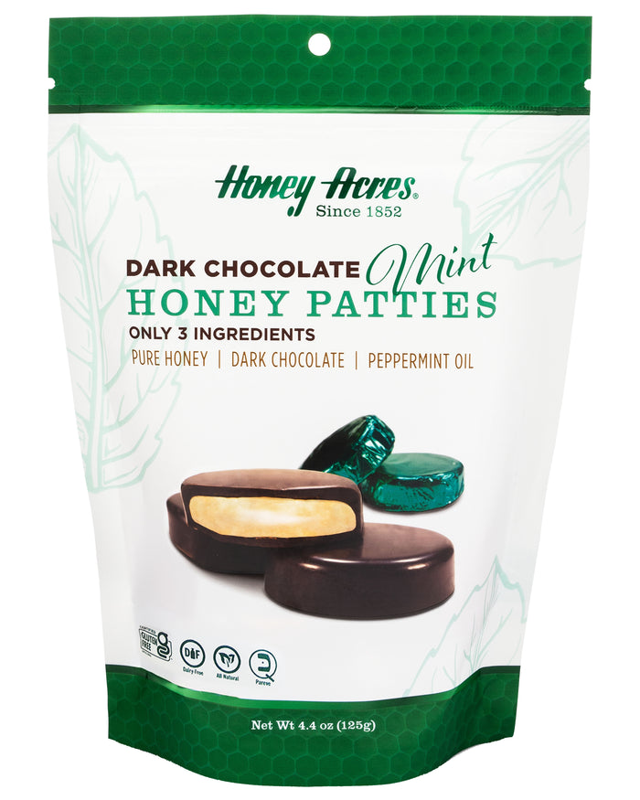 Packaging of Honey Acres Dark Chocolate Mint Honey Patties with green and white design.