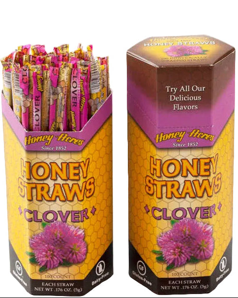 A box of Honey Straws with Clover flavor. The box is open displaying the individually wrapped plastic straws filled with honey.